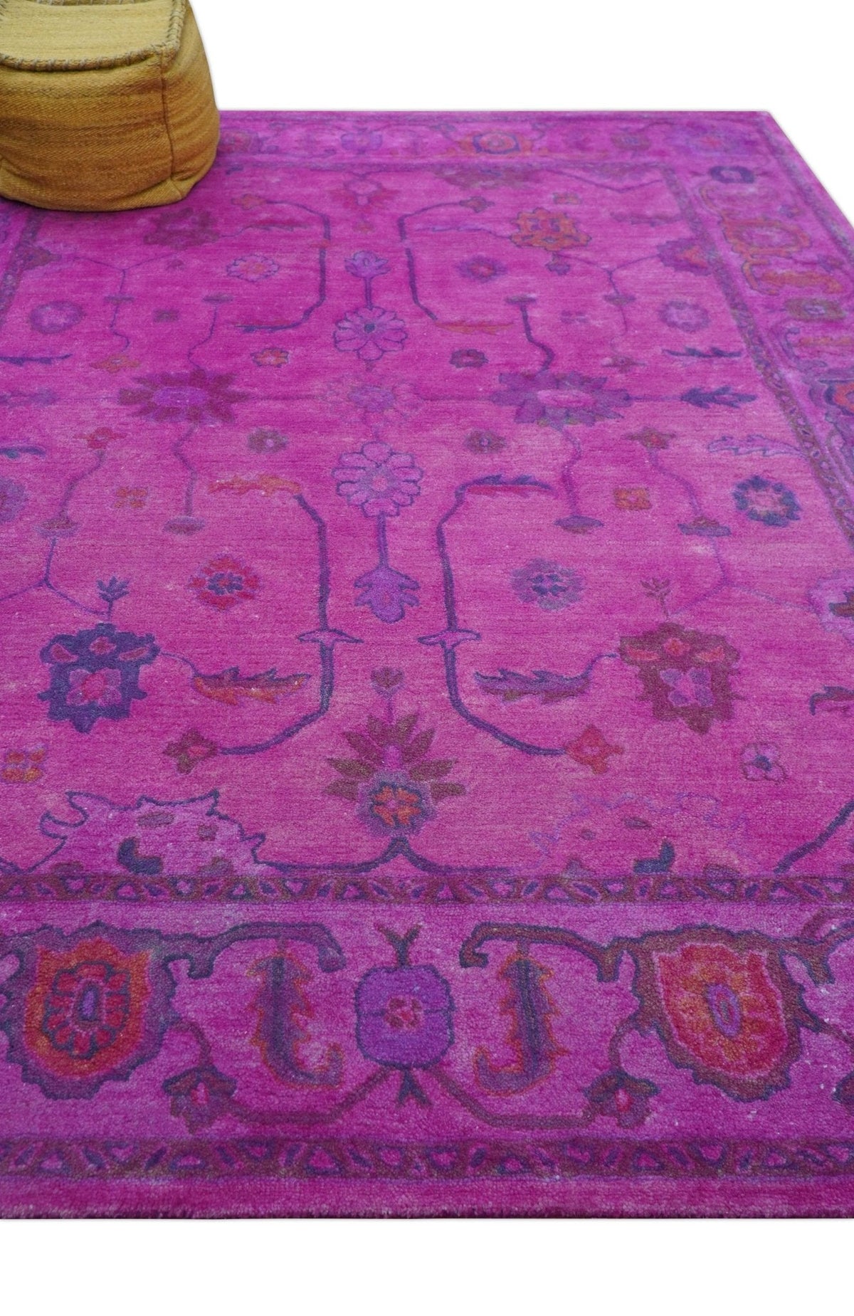 Bloom Overdyed Traditional Oushak Pink And Blue Hand Tufted Wool Rug.