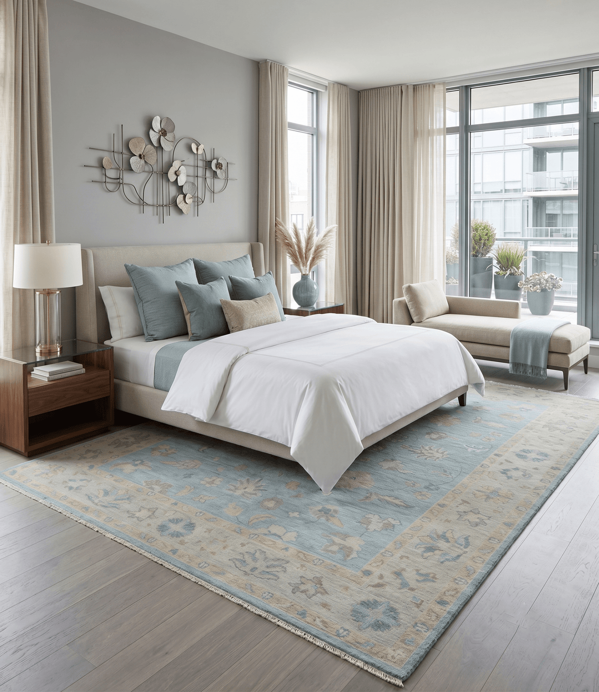Blue and Beige Traditional Floral Hand Knotted Wool Rug.