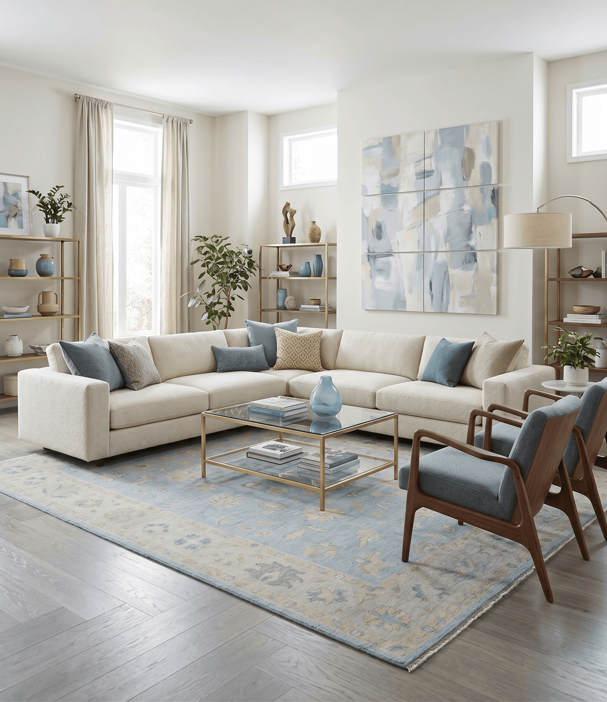 Blue and Beige Traditional Floral Hand Knotted Wool Rug.