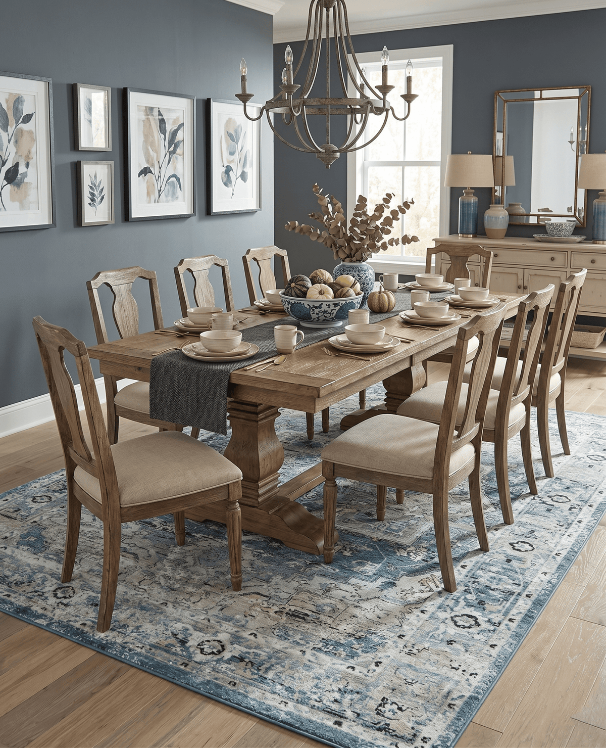 Blue And Beige Traditional Heriz Art Silk Area Rug.