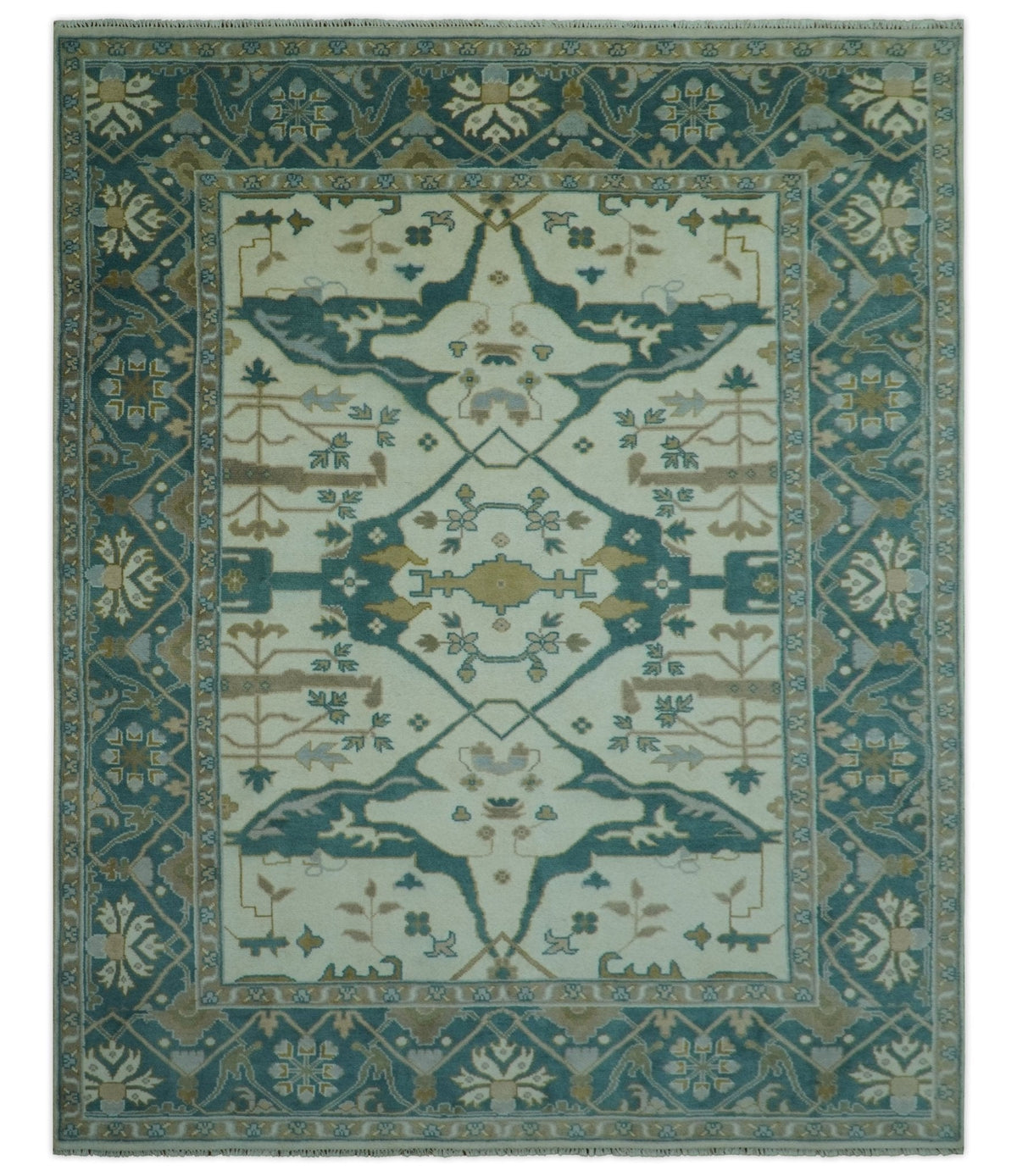 Blue And Beige Traditional Oushak Hand Knotted Custom Made wool rug.
