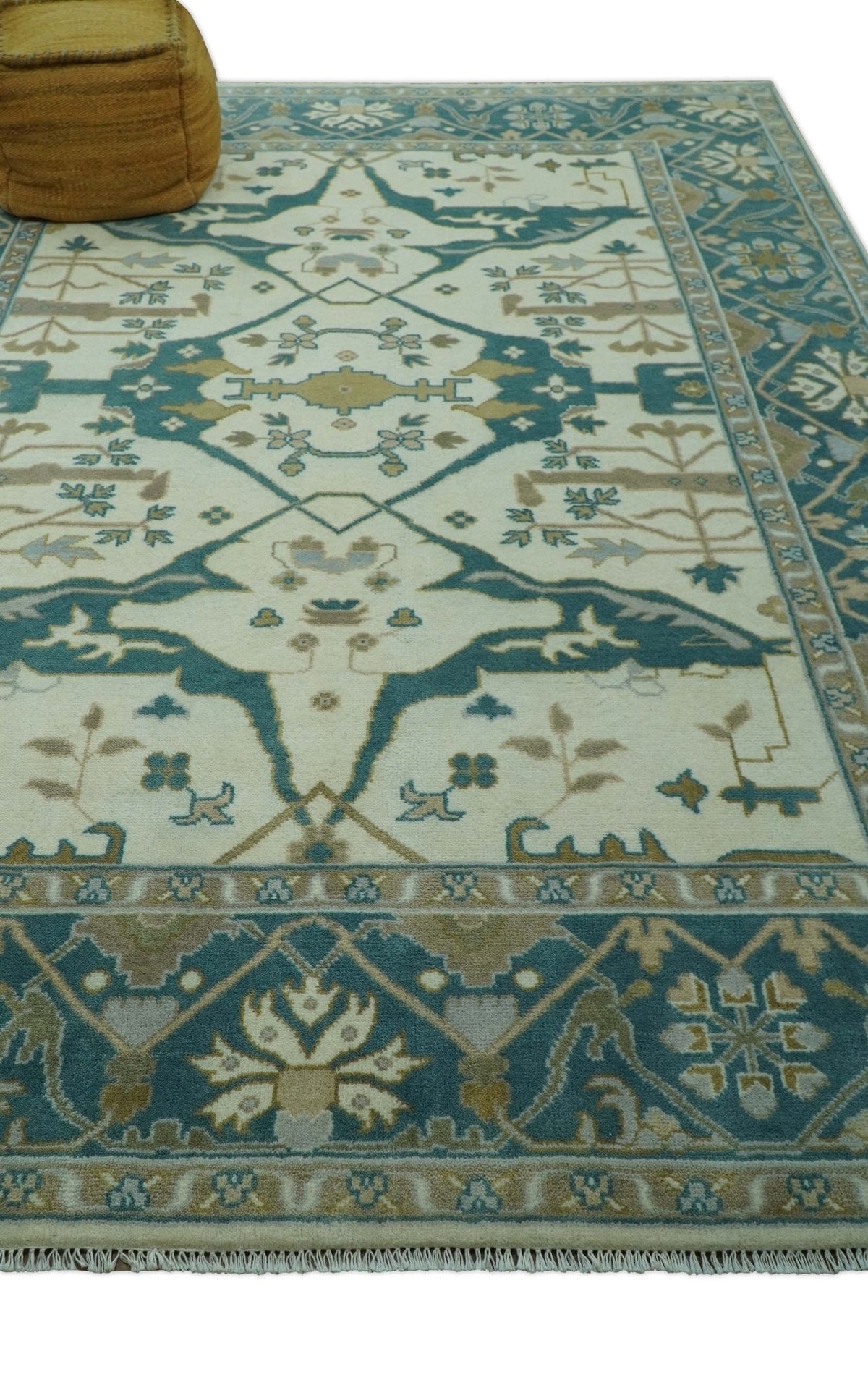 Blue And Beige Traditional Oushak Hand Knotted Custom Made wool rug.