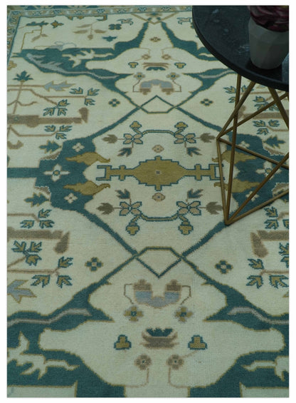 Blue And Beige Traditional Oushak Hand Knotted Custom Made wool rug.