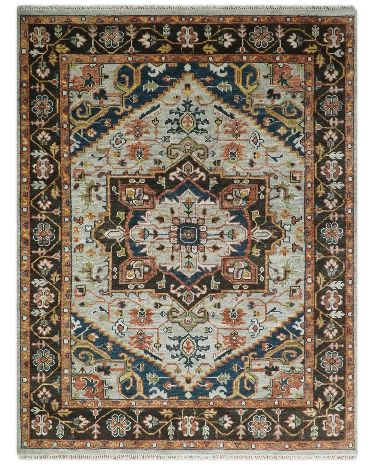 Blue and Brown Traditional Antique look Heriz Serapi Hand Knotted Custom Made wool Area Rug.