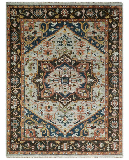 Blue and Brown Traditional Antique look Heriz Serapi Hand Knotted Custom Made wool Area Rug.