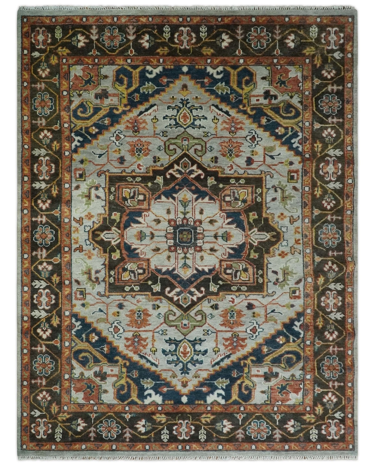 Blue and Brown Traditional Antique look Heriz Serapi Hand Knotted Custom Made wool Area Rug.