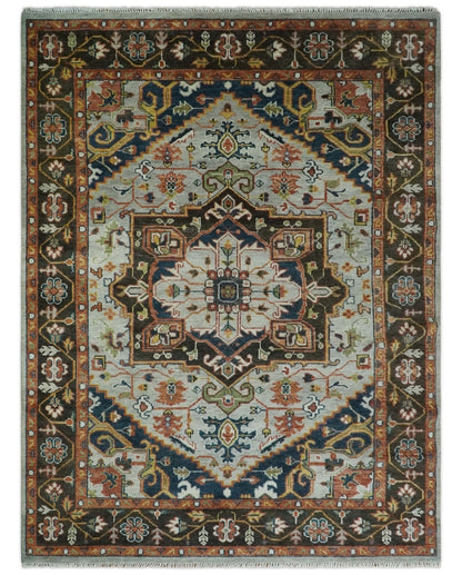 Blue and Brown Traditional Antique look Heriz Serapi Hand Knotted Custom Made wool Area Rug.