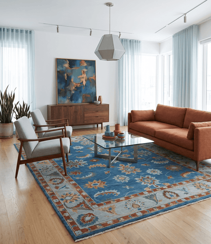 Blue And Brown Hand Knotted Floral Oushak Wool Area Rug.