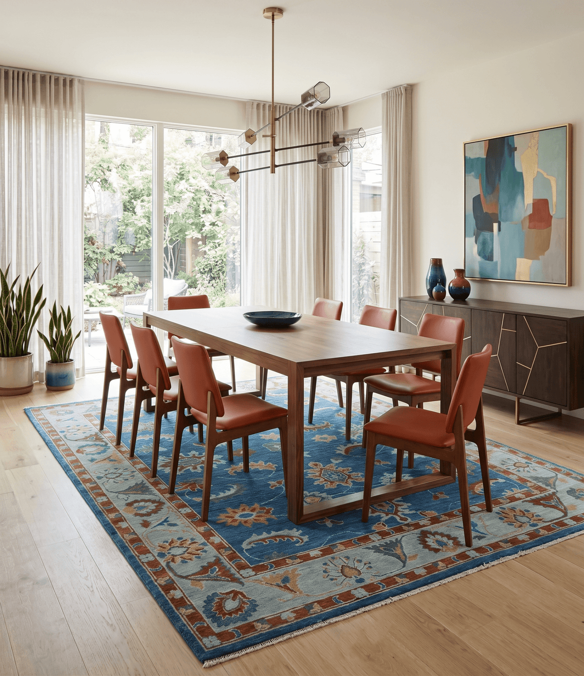 Blue And Brown Hand Knotted Floral Oushak Wool Area Rug.