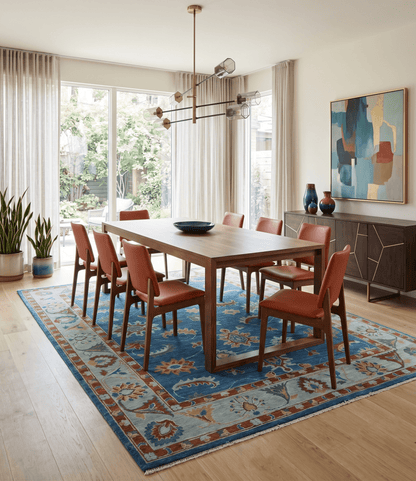 Blue And Brown Hand Knotted Floral Oushak Wool Area Rug.