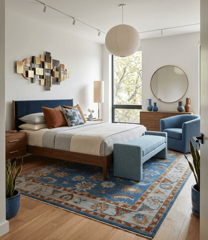 Blue And Brown Hand Knotted Floral Oushak Wool Area Rug.