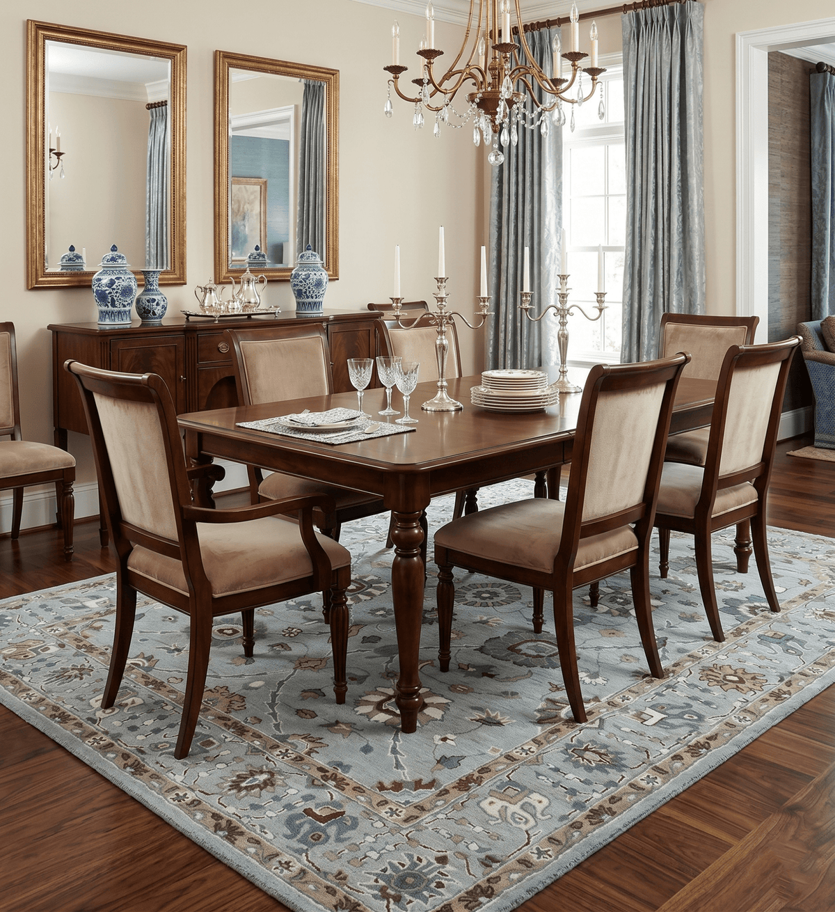Blue and Brown Traditional Oriental Oushak Hand Tufted Custom Made wool Area Rug.