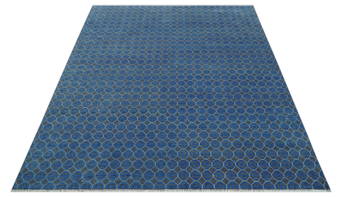 Blue and Charcoal geometrical honey comb design Hand knotted Wool Area Rug.