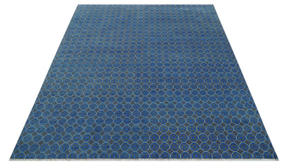 Blue and Charcoal geometrical honey comb design Hand knotted Wool Area Rug.