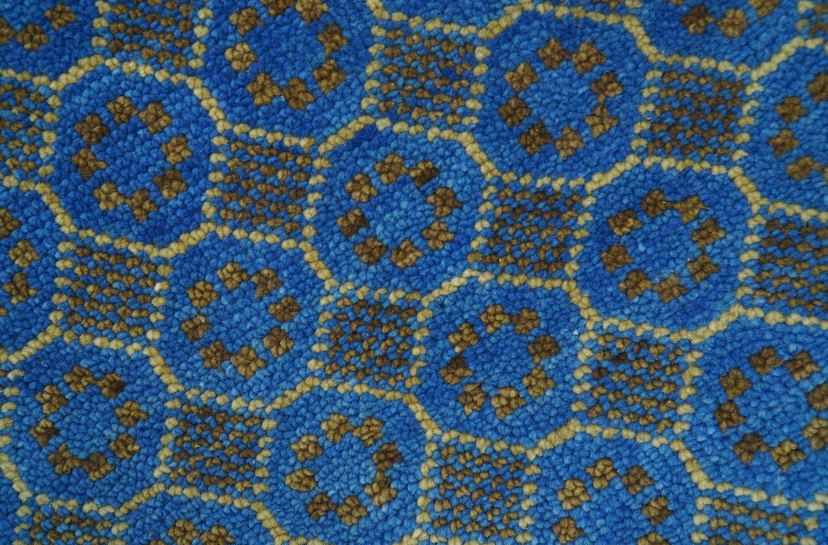 Blue and Charcoal geometrical honey comb design Hand knotted Wool Area Rug.