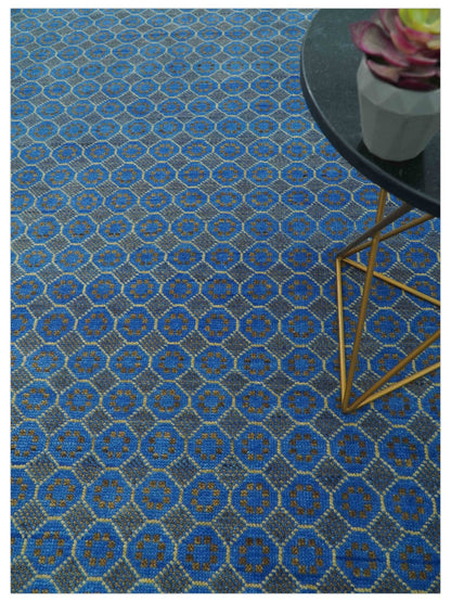 Blue and Charcoal geometrical honey comb design Hand knotted Wool Area Rug.