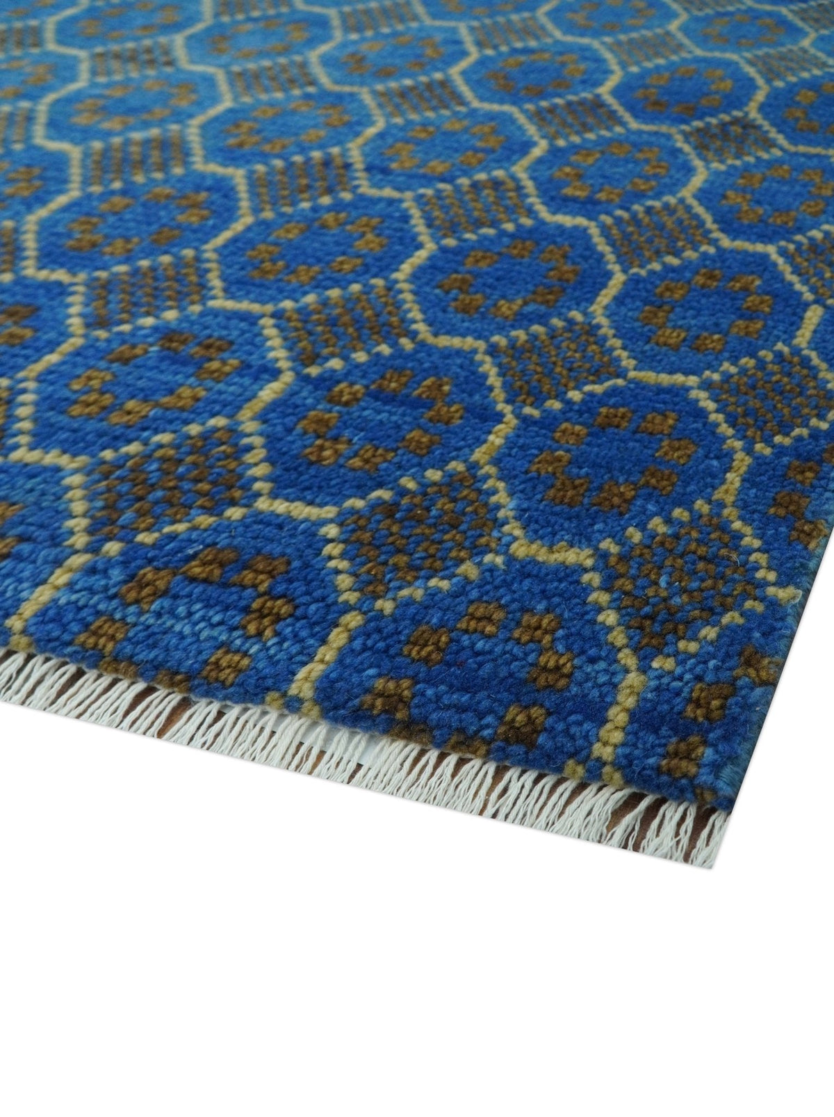 Blue and Charcoal geometrical honey comb design Hand knotted Wool Area Rug.