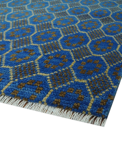 Blue and Charcoal geometrical honey comb design Hand knotted Wool Area Rug.