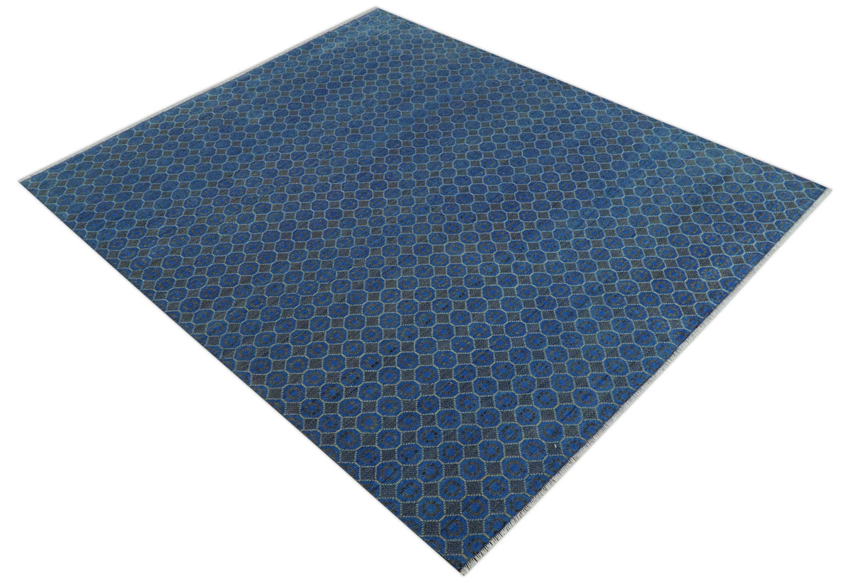 Blue and Charcoal geometrical honey comb design Hand knotted Wool Area Rug.