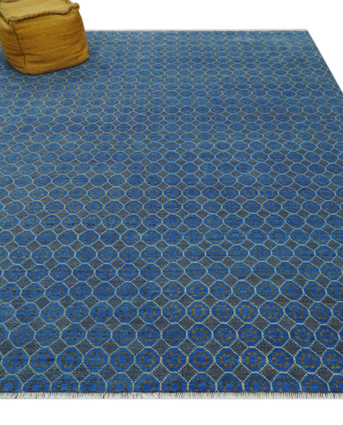 Blue and Charcoal geometrical honey comb design Hand knotted Wool Area Rug.