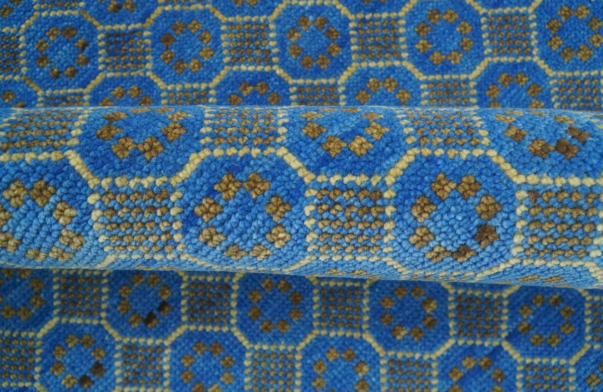 Blue and Charcoal geometrical honey comb design Hand knotted Wool Area Rug.