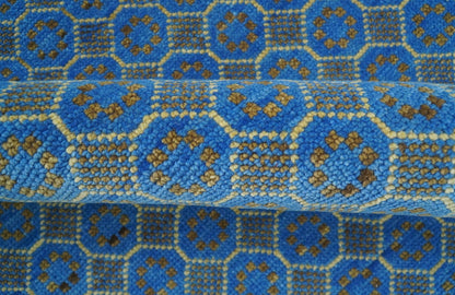 Blue and Charcoal geometrical honey comb design Hand knotted Wool Area Rug.