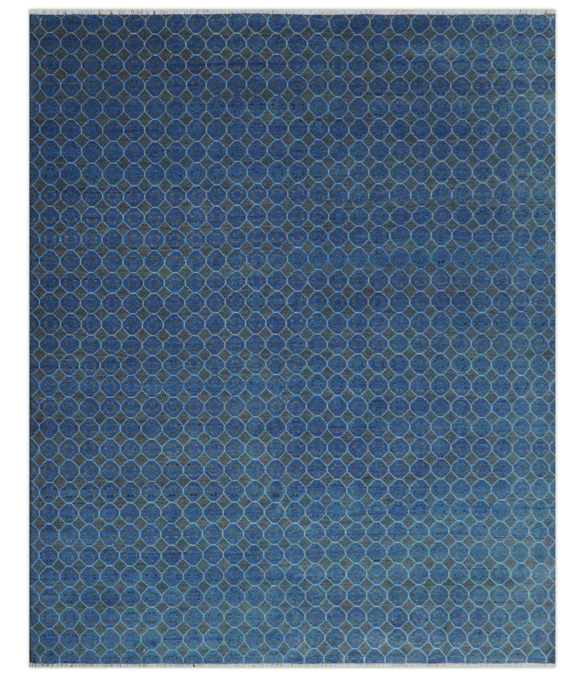 Blue and Charcoal geometrical honey comb design Hand knotted Wool Area Rug.