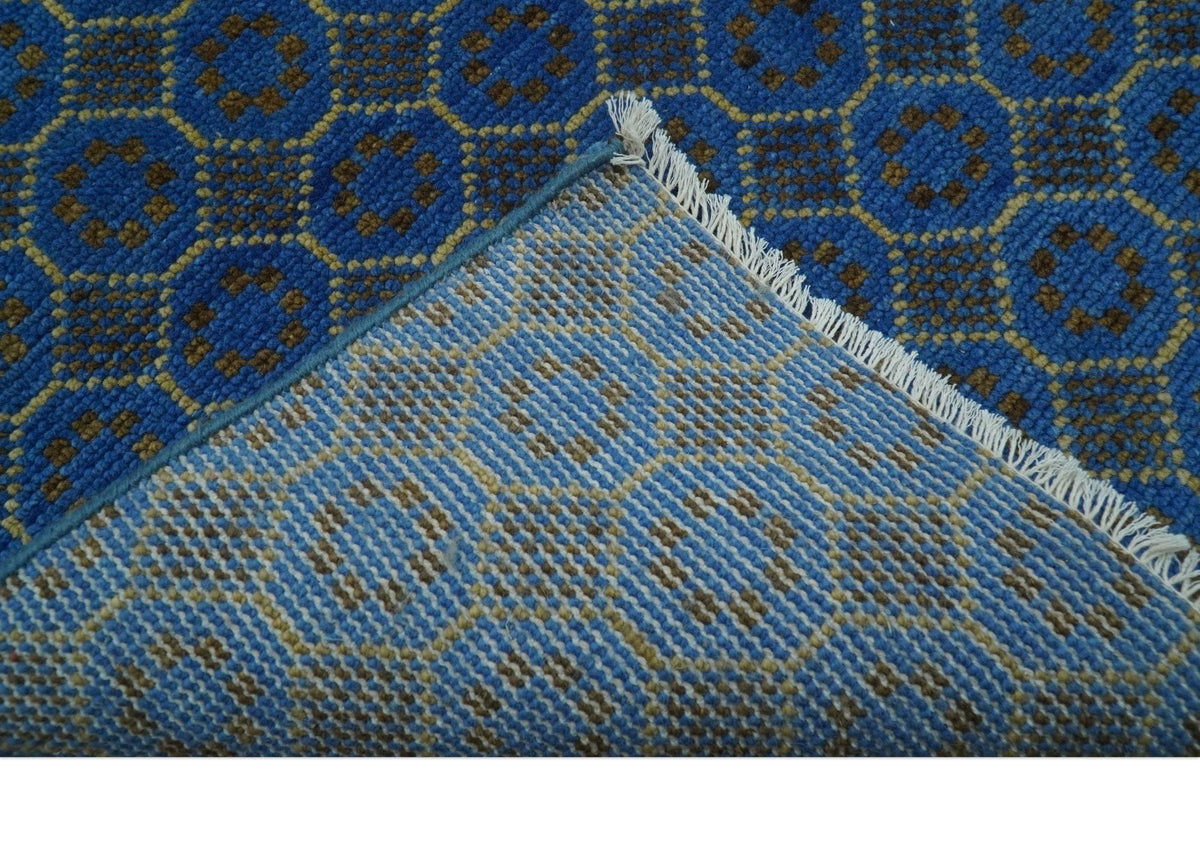 Blue and Charcoal geometrical honey comb design Hand knotted Wool Area Rug.