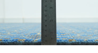 Blue and Charcoal geometrical honey comb design Hand knotted Wool Area Rug.