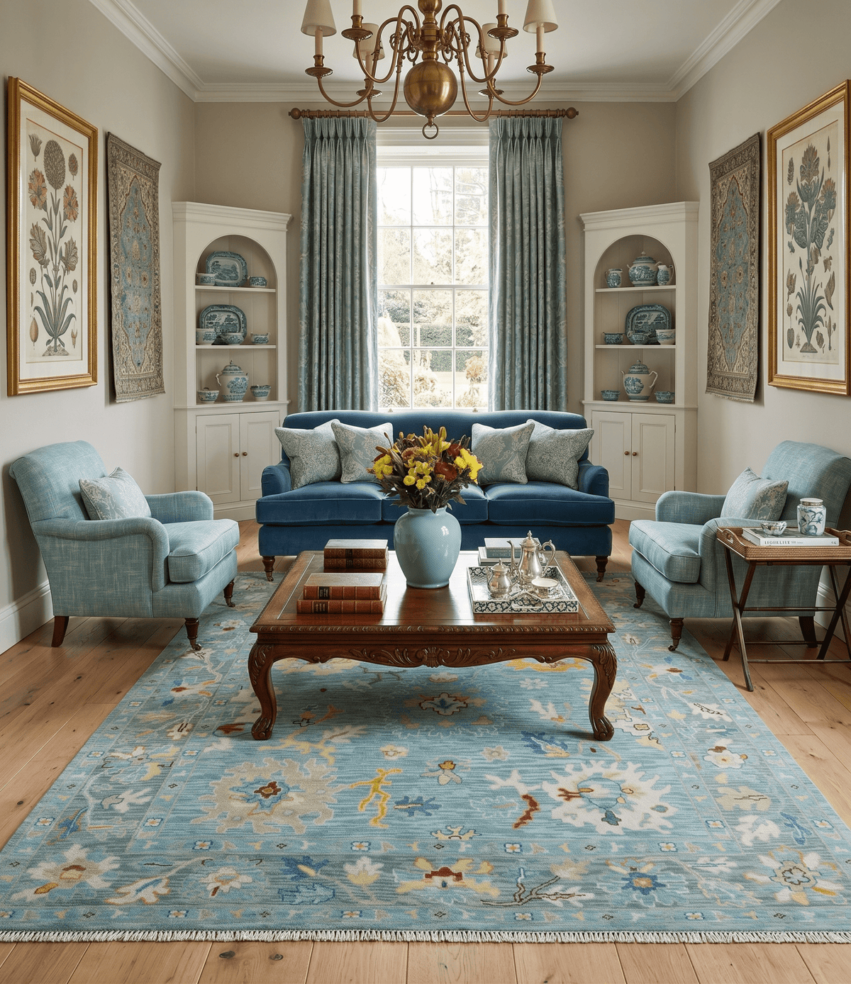 Blue and Gray Vibrant colorful Hand knotted Oushak Wool Area Rug.
