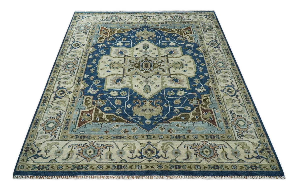 Antique look Blue, Ivory and Olive Traditional Heriz Medallion Multi Size wool Area Rug.