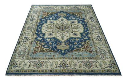 Antique look Blue, Ivory and Olive Traditional Heriz Medallion Multi Size wool Area Rug.