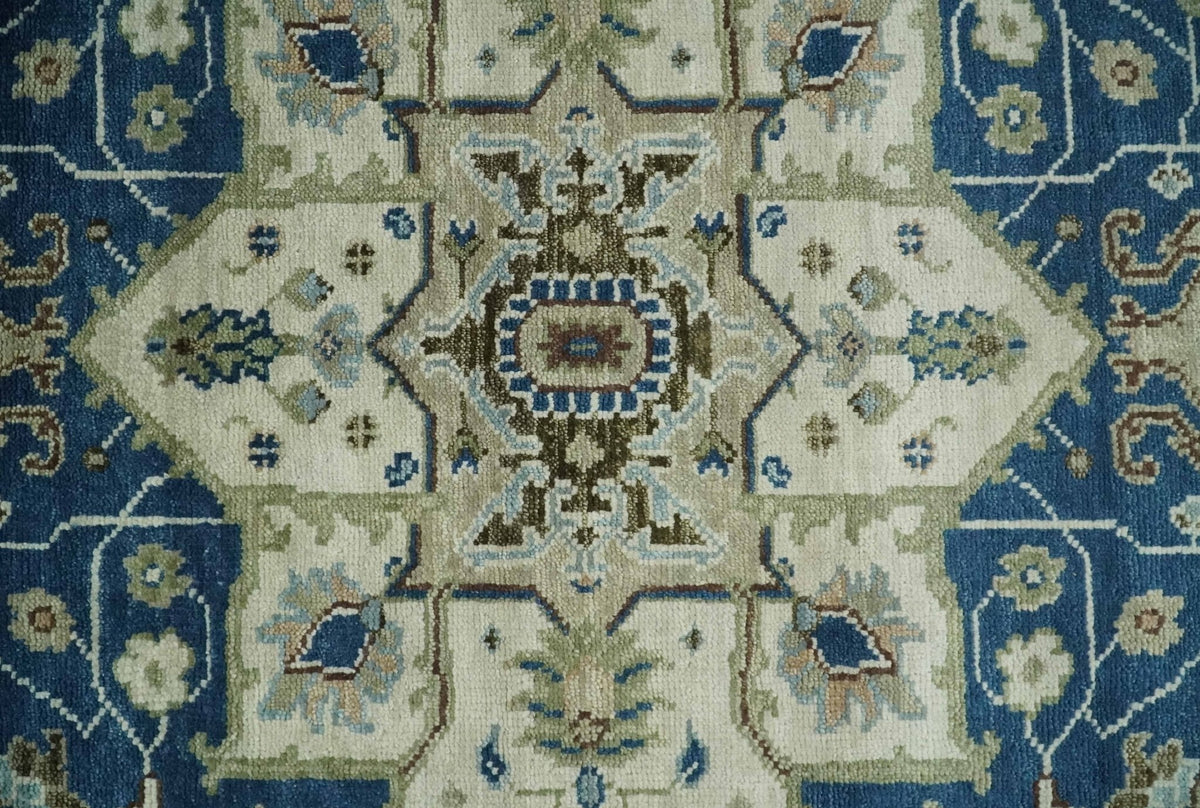 Antique look Blue, Ivory and Olive Traditional Heriz Medallion Multi Size wool Area Rug.