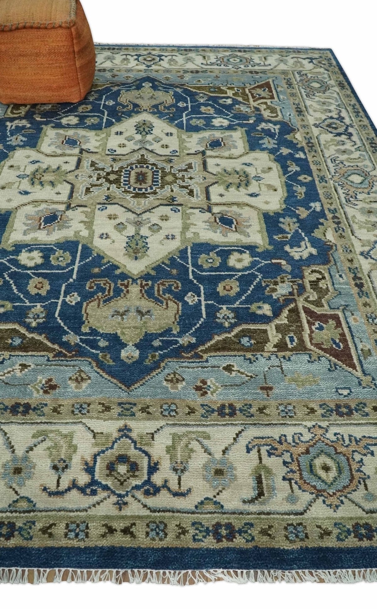 Antique look Blue, Ivory and Olive Traditional Heriz Medallion Multi Size wool Area Rug.