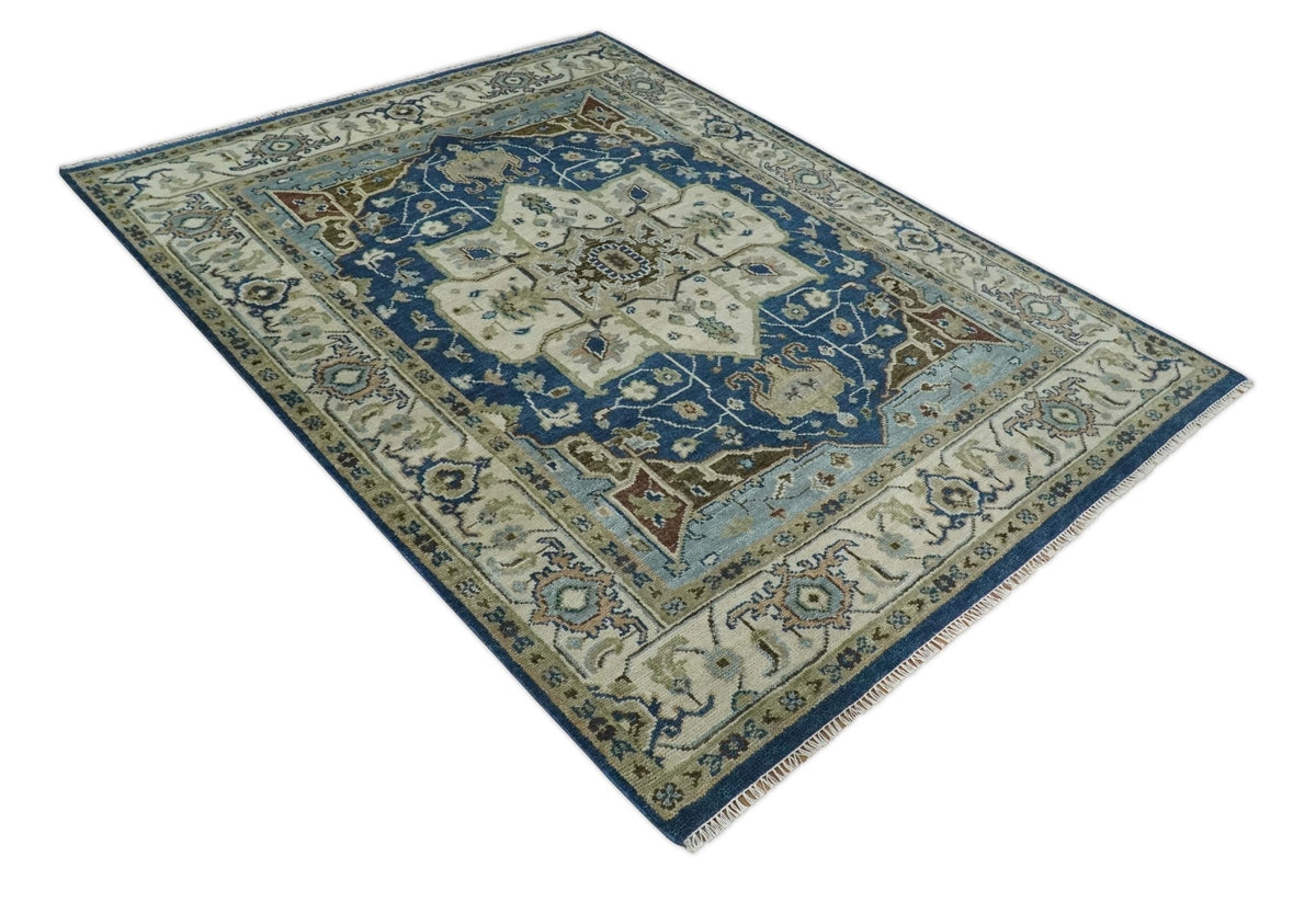 Antique look Blue, Ivory and Olive Traditional Heriz Medallion Multi Size wool Area Rug.
