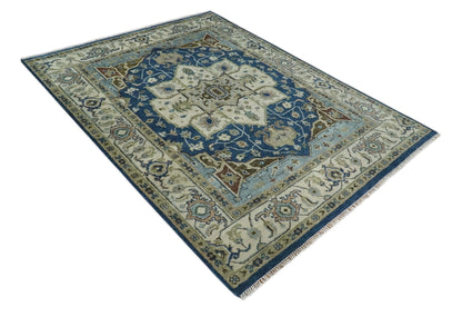 Antique look Blue, Ivory and Olive Traditional Heriz Medallion Multi Size wool Area Rug.