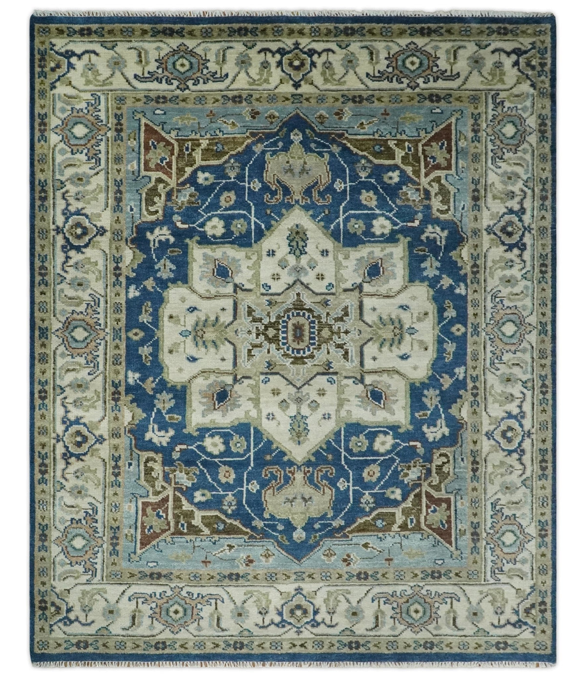 Antique look Blue, Ivory and Olive Traditional Heriz Medallion Multi Size wool Area Rug.