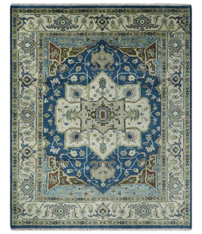 Antique look Blue, Ivory and Olive Traditional Heriz Medallion Multi Size wool Area Rug.