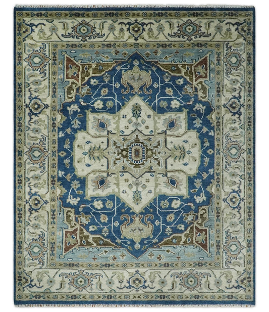 Antique look Blue, Ivory and Olive Traditional Heriz Medallion Multi Size wool Area Rug.