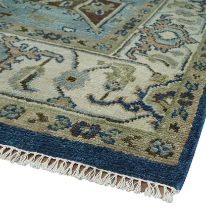 Antique look Blue, Ivory and Olive Traditional Heriz Medallion Multi Size wool Area Rug.