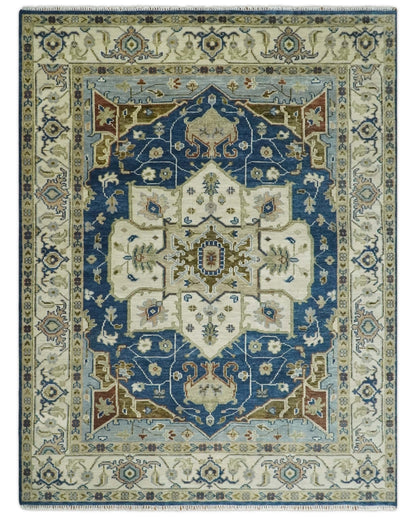 Antique look Blue, Ivory and Olive Traditional Heriz Medallion Multi Size wool Area Rug.