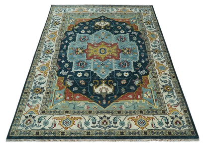 Custom Made Blue and Ivory Hand Knotted Medallion Design Wool Area Rug.