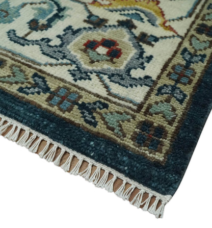 Custom Made Blue and Ivory Hand Knotted Medallion Design Wool Area Rug.