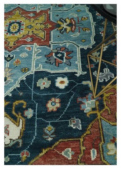 Custom Made Blue and Ivory Hand Knotted Medallion Design Wool Area Rug.
