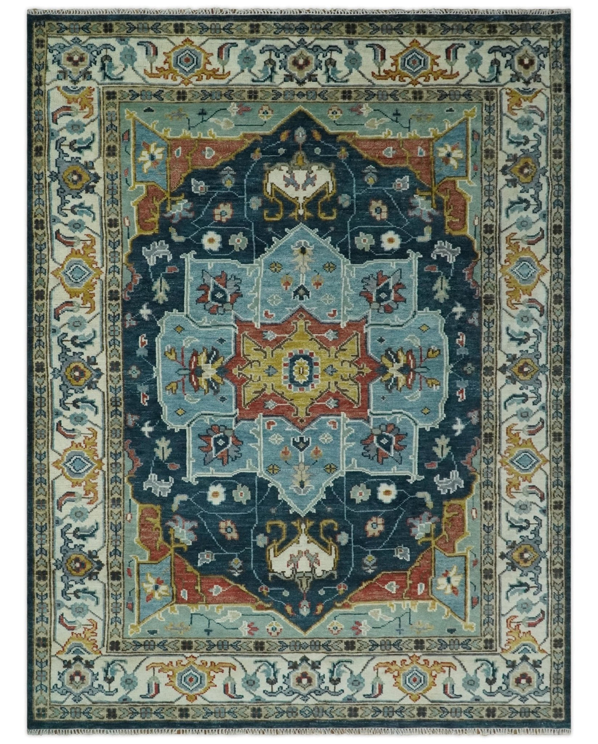 Custom Made Blue and Ivory Hand Knotted Medallion Design Wool Area Rug.