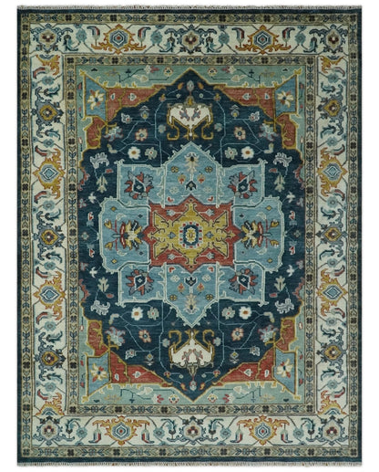 Custom Made Blue and Ivory Hand Knotted Medallion Design Wool Area Rug.