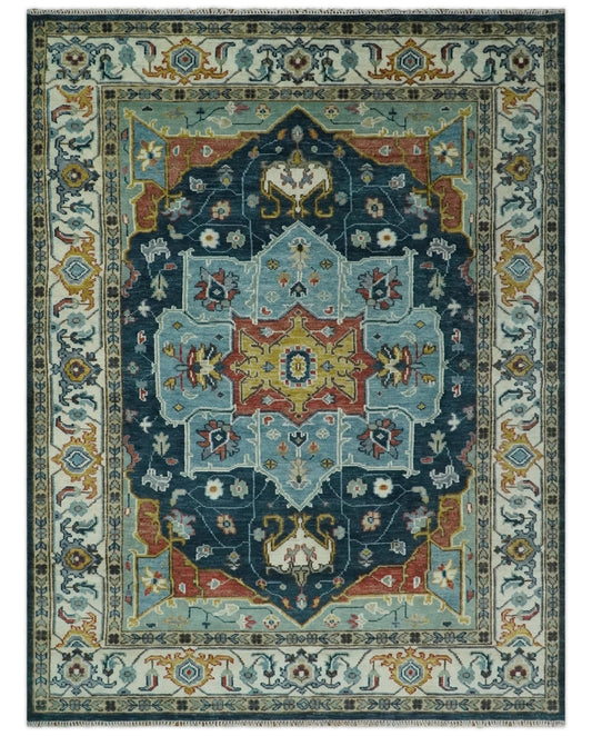 Custom Made Blue and Ivory Hand Knotted Medallion Design Wool Area Rug.