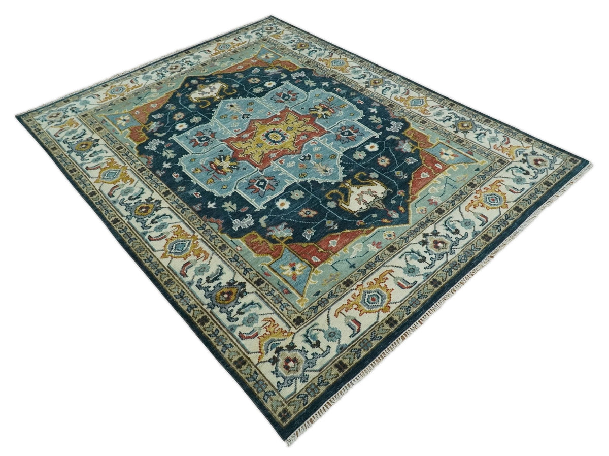 Custom Made Blue and Ivory Hand Knotted Medallion Design Wool Area Rug.