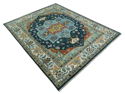 Custom Made Blue and Ivory Hand Knotted Medallion Design Wool Area Rug.