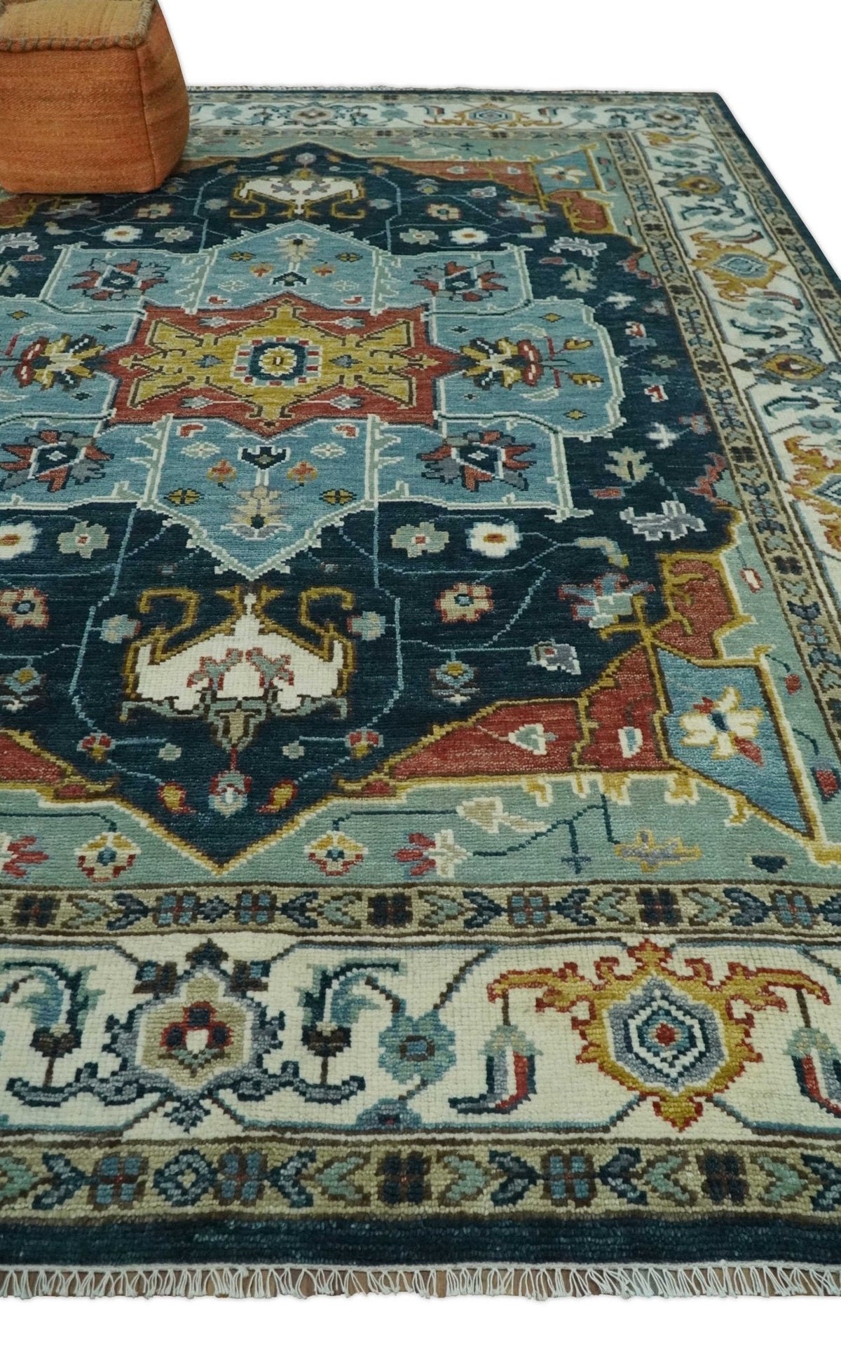 Custom Made Blue and Ivory Hand Knotted Medallion Design Wool Area Rug.